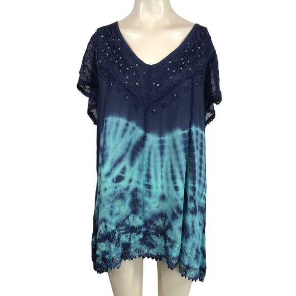 SAKKAS- WOMEN'S PLUS SIZE - NAVAY TIE DYE BEADED V NECK RAYON BOHO TOP SHIRT - Picture 1 of 9